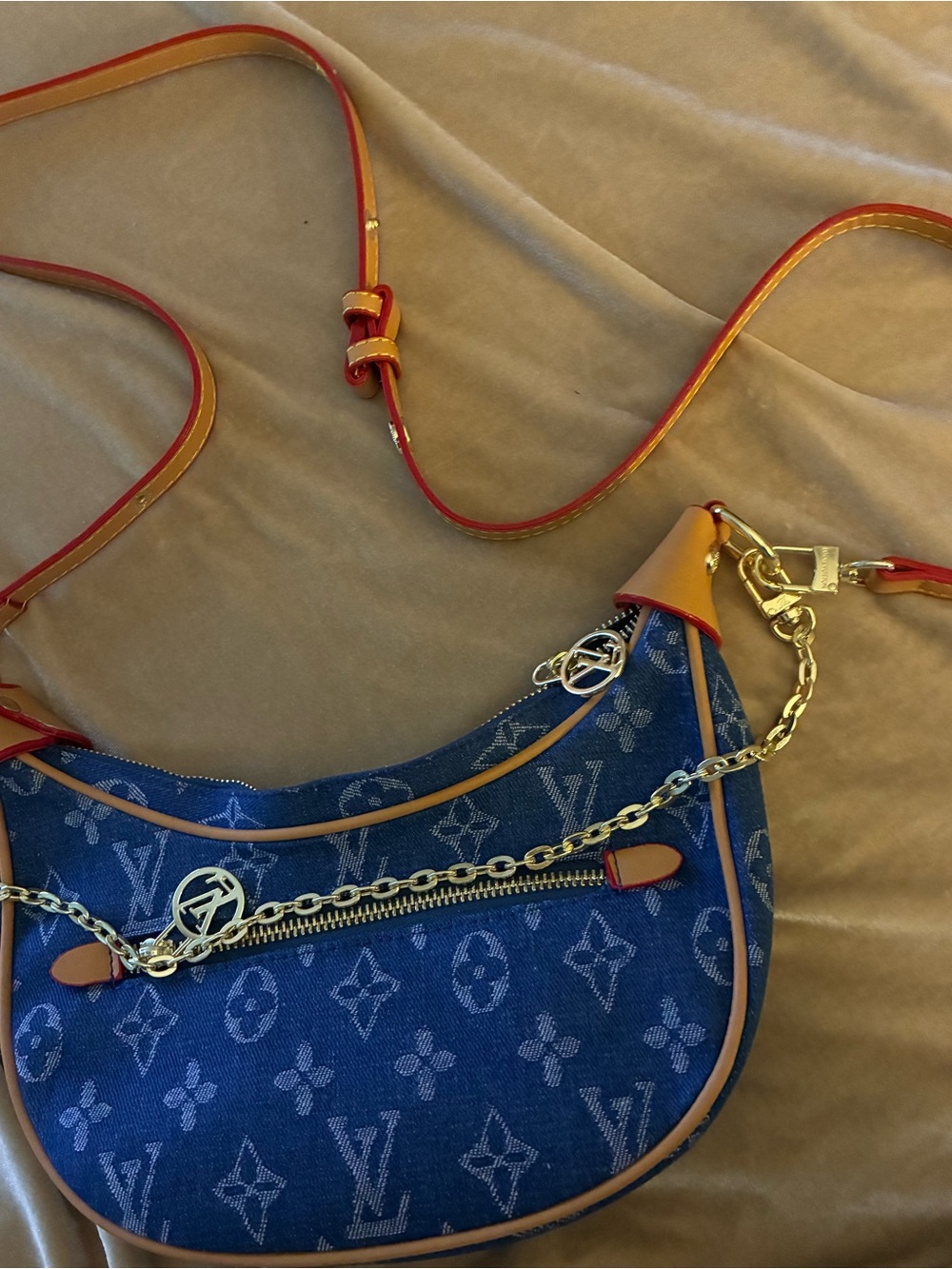 Designer-Inspired Blue Monogram Crossbody Bag with Gold Chain